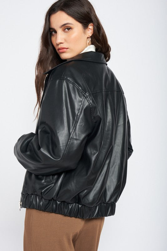 Faux Leather Sherpa Bomber Jacket - Black